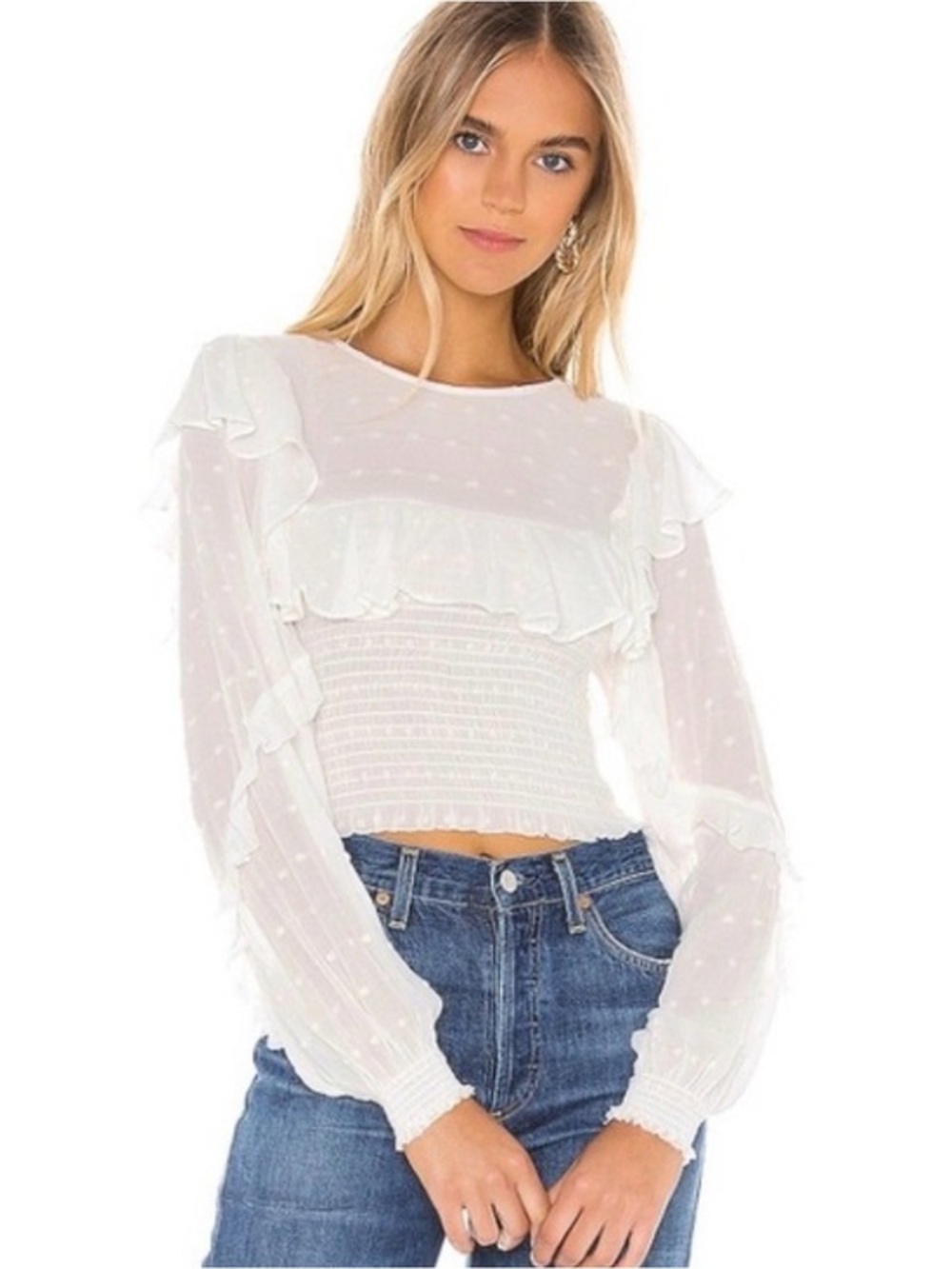 Blue Life White Ruffled Swiss Dot Smocked Blouse